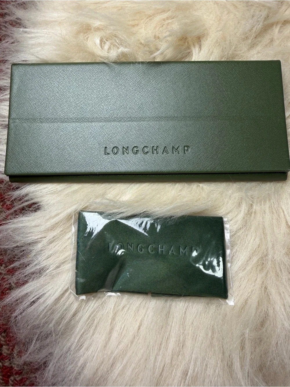 Longchamp Green Leather Eyewear Case and Cloth Set